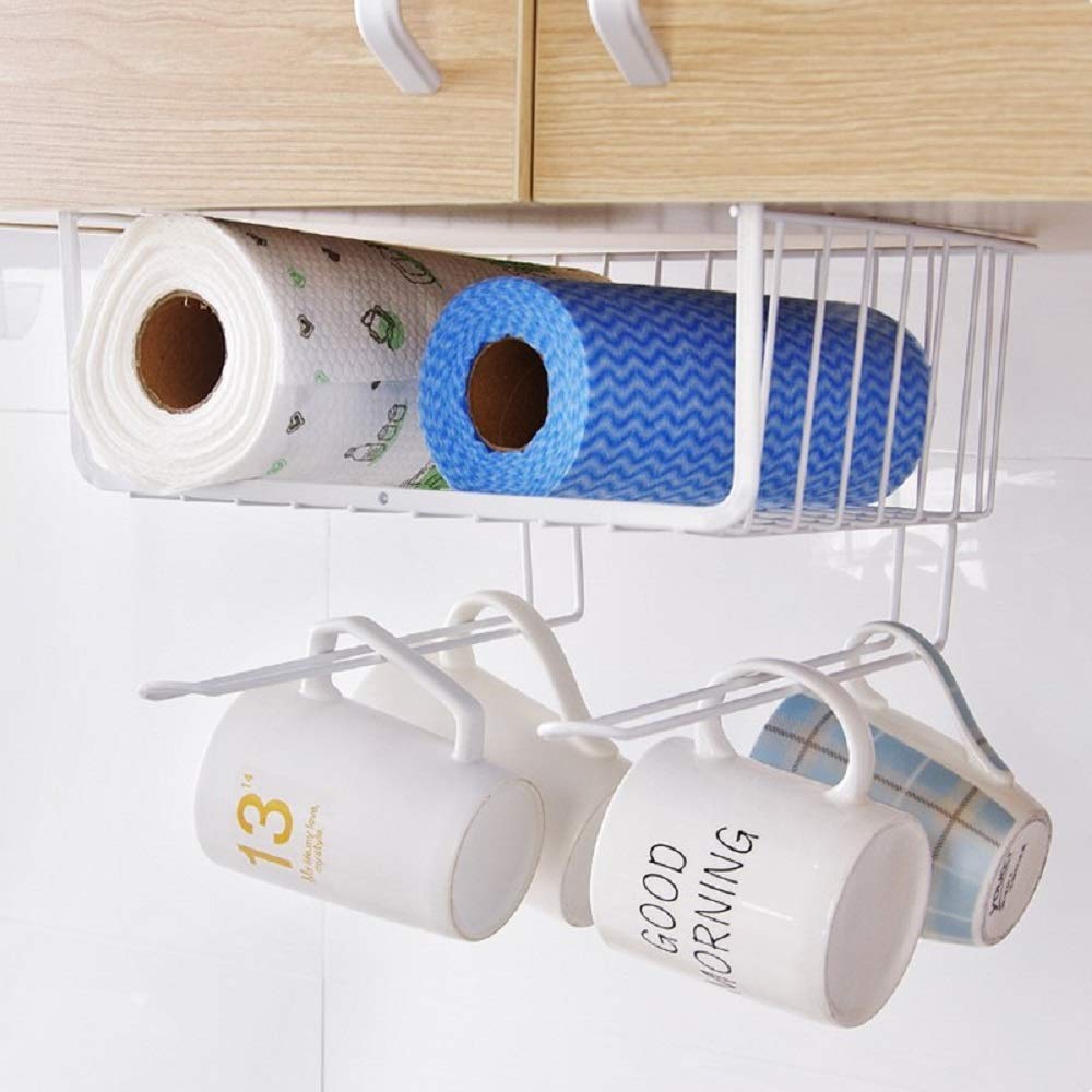 Image 2 of Go Hooked Multipurpose Under Shelf Basket 12 Inch Wire Rack Cabinet Storage Basket | Metal Hanging Basket for Home | Under Cabinet Drawer | Space Saving Under Shelf Rack (White, 1pcs)