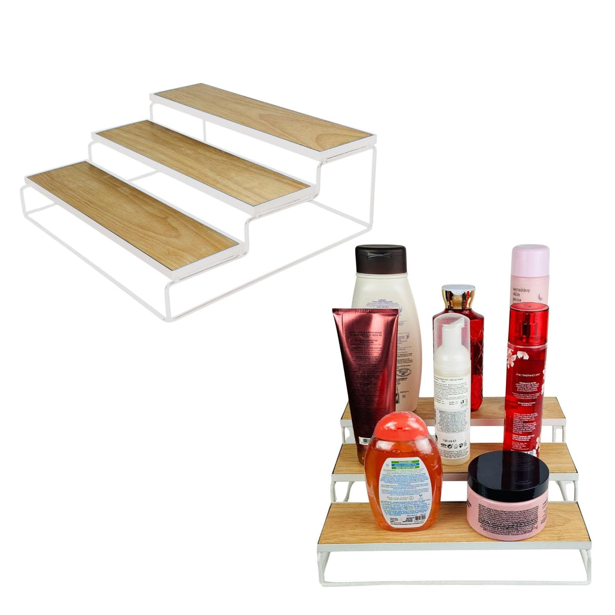 Image 5 of Go Hooked 3-Tier Wood-Finish Spice Rack Organizer for Kitchen 31cm | Multi Purpose Storage Organiser | Tiered Shelf For Spice Bottles, Masala Jars, Pantry, Cabinet, Bathroom & Vanity Storage (White)