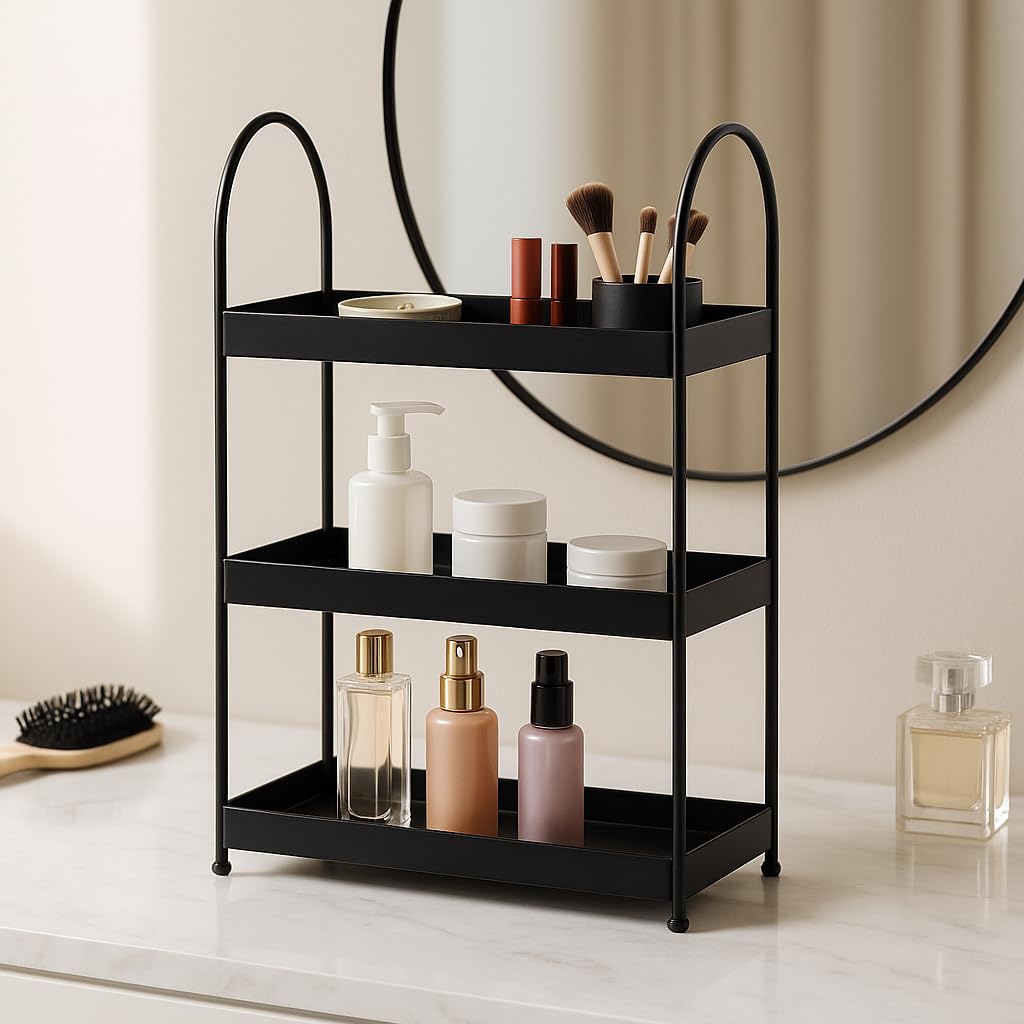 Image 2 of Default Title for the product Go Hooked 3 Tier Curved Metal Vanity Organizer – 45cm Tall Countertop Storage Rack for Bathroom, Dressing Table & Desk | Powder Coated Rust-Resist Iron | Freestanding Space-Saving Shelf (Black)