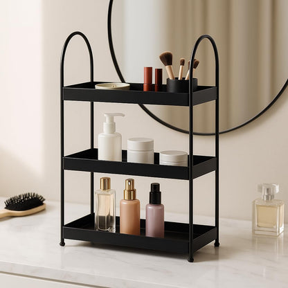 Image 2 of Default Title for the product Go Hooked 3 Tier Curved Metal Vanity Organizer – 45cm Tall Countertop Storage Rack for Bathroom, Dressing Table & Desk | Powder Coated Rust-Resist Iron | Freestanding Space-Saving Shelf (Black)