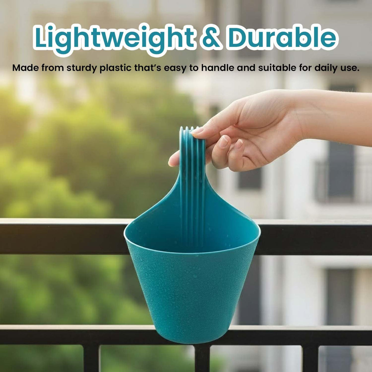 Image 4 of Go Hooked Plastic Hanging Planter for Plants, Railing Flower Pots, Pot Diameter (22 cm), Pot Height (17 cm) (Set of 3)(Blue)