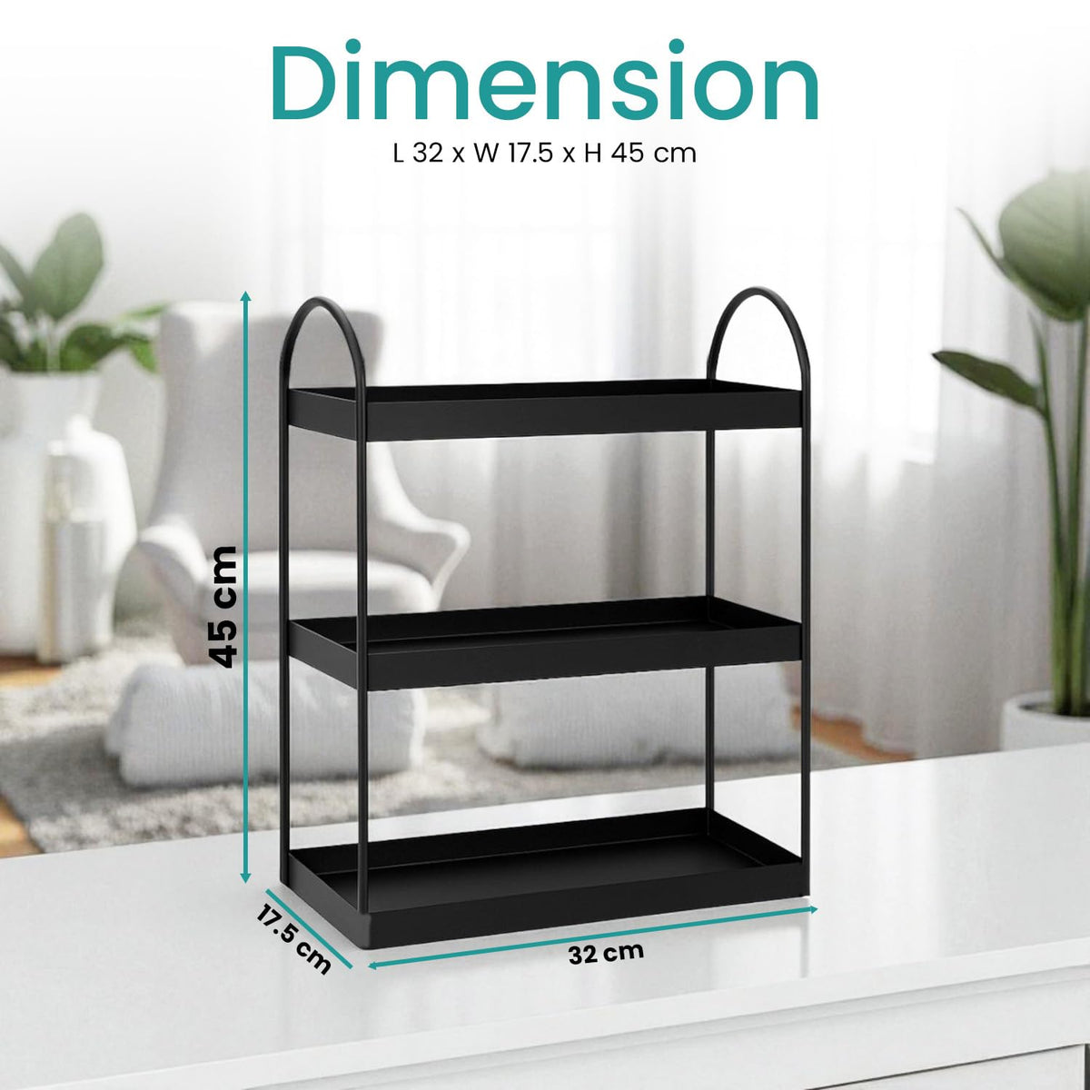 Image 7 of Go Hooked 3 Tier Curved Metal Vanity Organizer – 45cm Tall Countertop Storage Rack for Bathroom, Dressing Table & Desk | Powder Coated Rust-Resist Iron | Freestanding Space-Saving Shelf (Black)