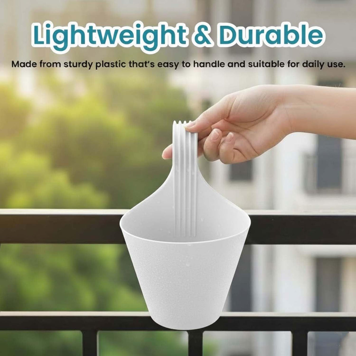Image 6 of Go Hooked Plastic Hanging Planter for Plants, Vertical Gardens, Modern Living, Greenery, Compact Living Spaces, Railing Flower Pots, Pot Diameter (22 cm), Pot Height (17 cm) (Set of 5) (White)