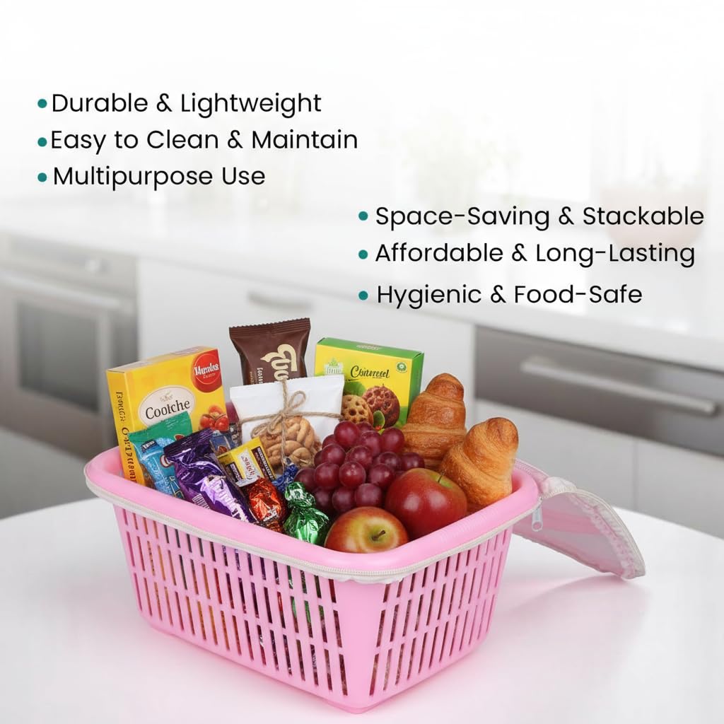Image 4 of Go Hooked Multipurpose Plastic Storage Gift Basket With Net Cover Stylish Basket With Zip Net Cover Versatile Durable Compact Decorative Convenient Pack of 1 Pink