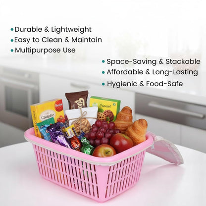 Image 4 of Go Hooked Multipurpose Plastic Storage Gift Basket With Net Cover Stylish Basket With Zip Net Cover Versatile Durable Compact Decorative Convenient Pack of 1 Pink