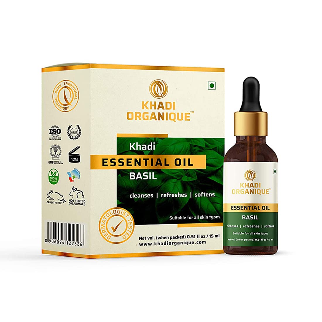 Image 1 of 15 ml for the product Khadi Organique Basil Essential Oil for Skin & Hair Care