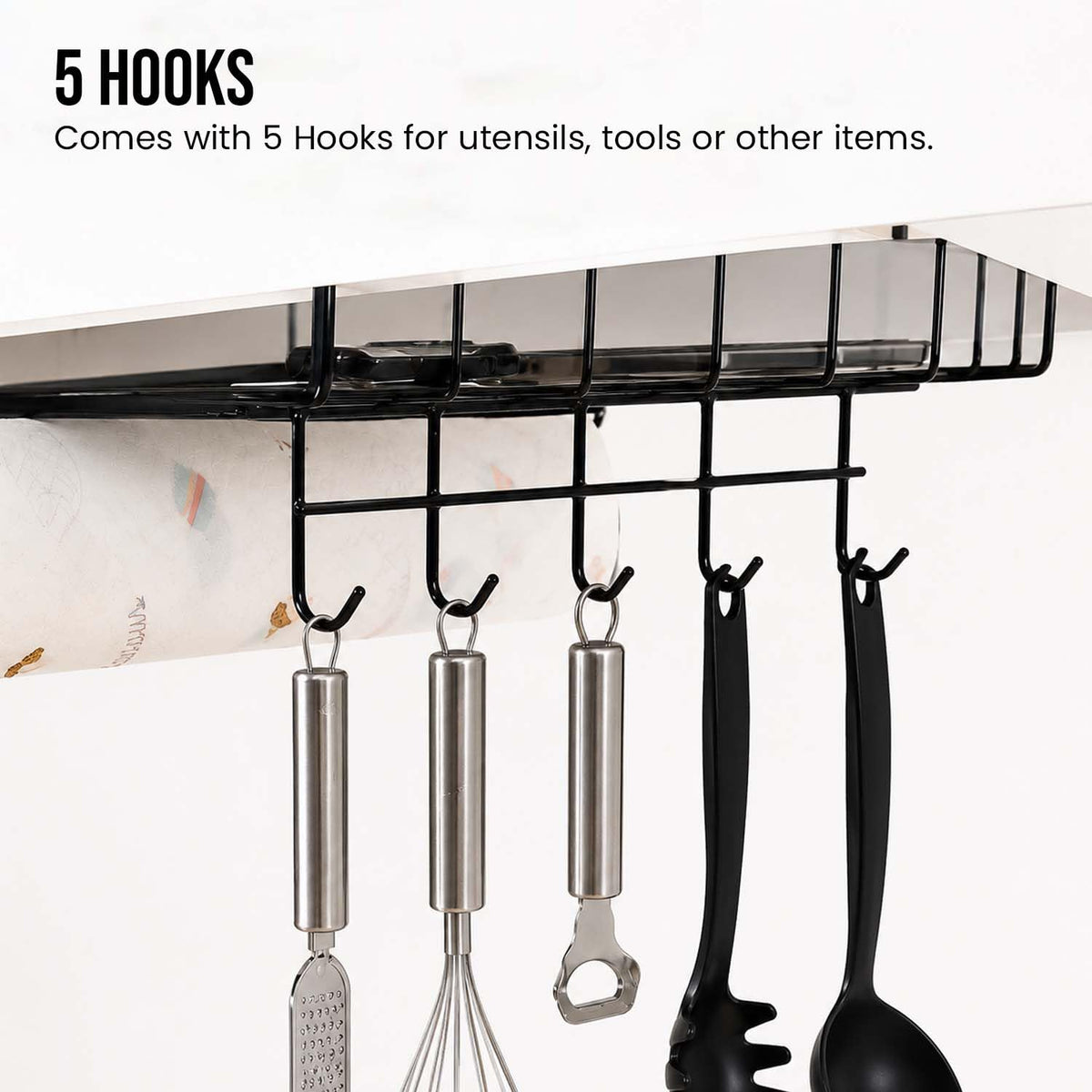 Image 2 of Go Hooked BIANCO Under Shelf Hanging Basket Organizer for Home, Cabinet & Wardrobe 12 Inch| Space Saver Rack for Pantry, Cutlery, Clothes & Stationery | Black Coated Metal Wire Shelf Basket with Curved Hook