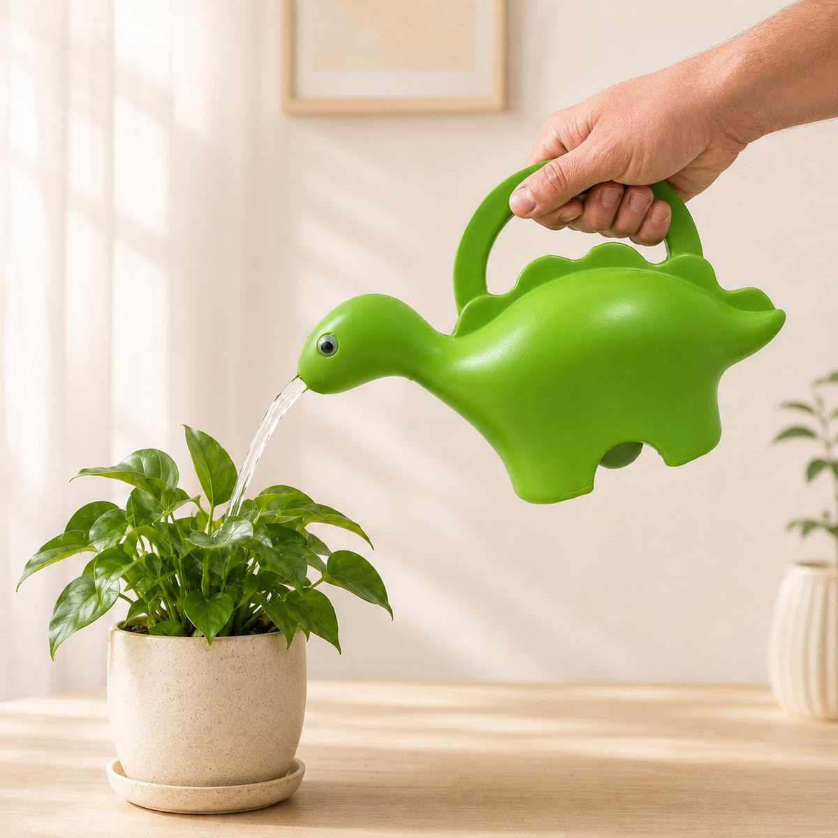 Image 3 of Go Hooked Plastic Dinosaur Shape 1 Liter Kids Watering Can for House Plants & Garden Plants Roar Some Gardening Dino Shaped Delight Garden Time Travel (Pack of 1, Green, 1 Liter)
