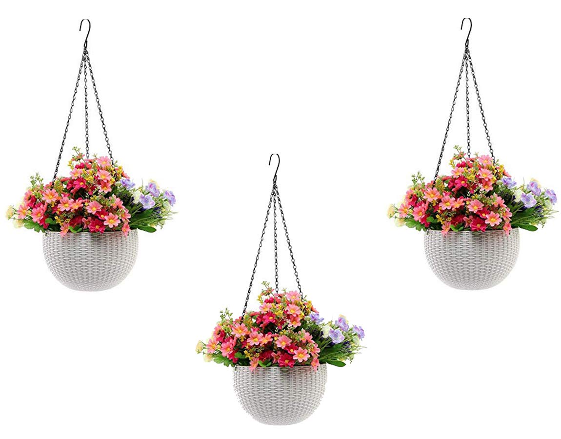 Image 1 of Default Title for the product Go Hooked Plastic Hanging Pot, White, Pot Diameter-7.1 Inch, Pot Height-4.8 Inch, Pot Thickness-3 mm, Chain Length-13 inch Approx., 3 Pieces (RATTANWHT-3PCS)
