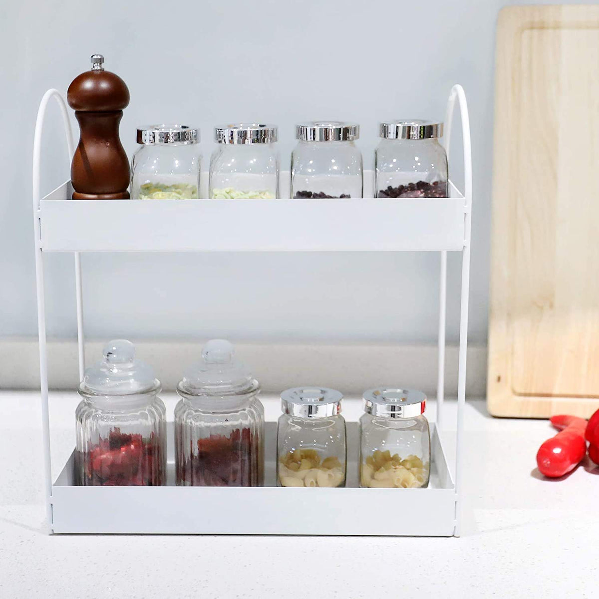 Image 6 of Go Hooked 2-Tier Standing Rack Bathroom Countertop Organizer Vanity Tray Cosmetic Makeup Storage Kitchen Spice Rack Standing Shelf (White, Metal, Pack of 1)