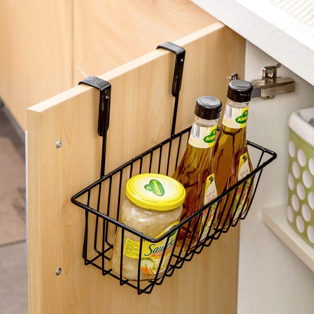 Image 4 of Go Hooked BIANCO Over Cabinet Door Organizer Metal Hanging Storage Basket 28cm | Under Shelf Cabinet Organizer for Kitchen, Pantry, Bathroom & Sink Cabinet, Heavy Duty Space Saving Wire Rack (Black, Pack of 1)