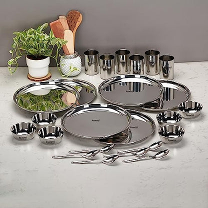 Image 1 of Default Title for the product Sumeet Stainless Steel Solid Heavy Gauge Mirror Finish Dinner Set Of 24 Pcs (6 Plate, 6 Bowl/Wati, 6 Glass, 6 Spoon), Silver