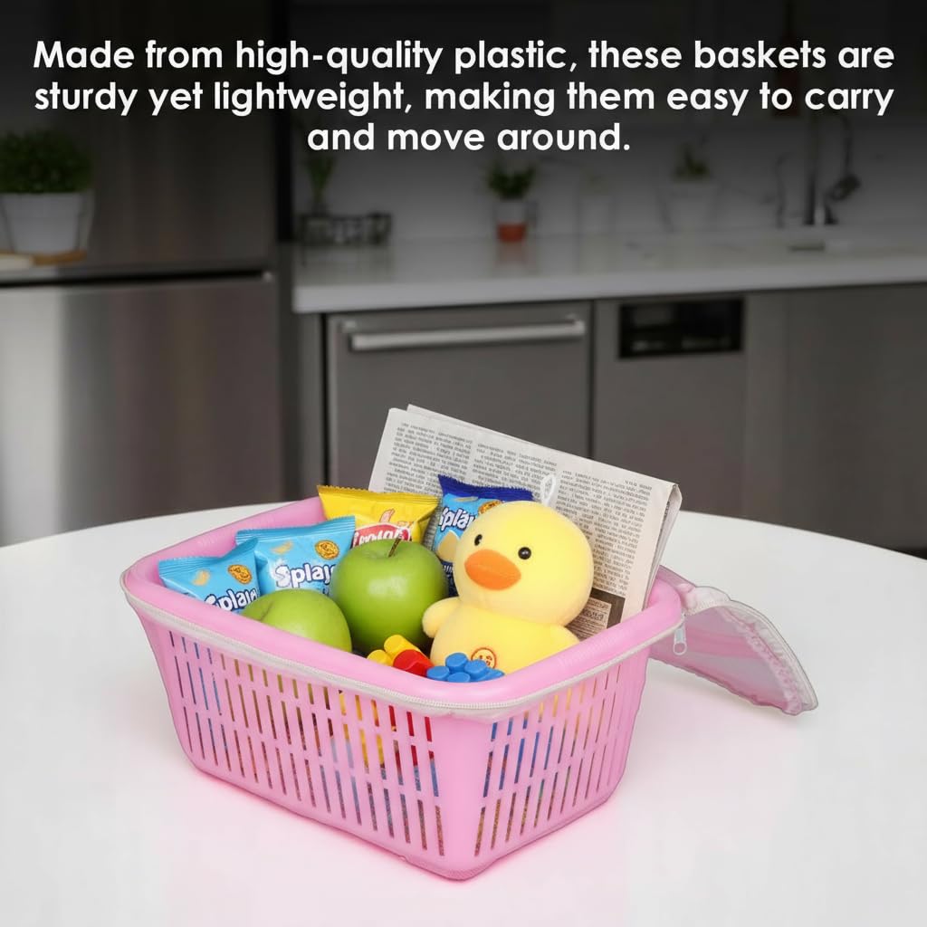 Image 5 of Go Hooked Multipurpose Plastic Storage Gift Basket With Net Cover Stylish Basket With Zip Net Cover Versatile Durable Compact Decorative Convenient Pack of 1 Pink