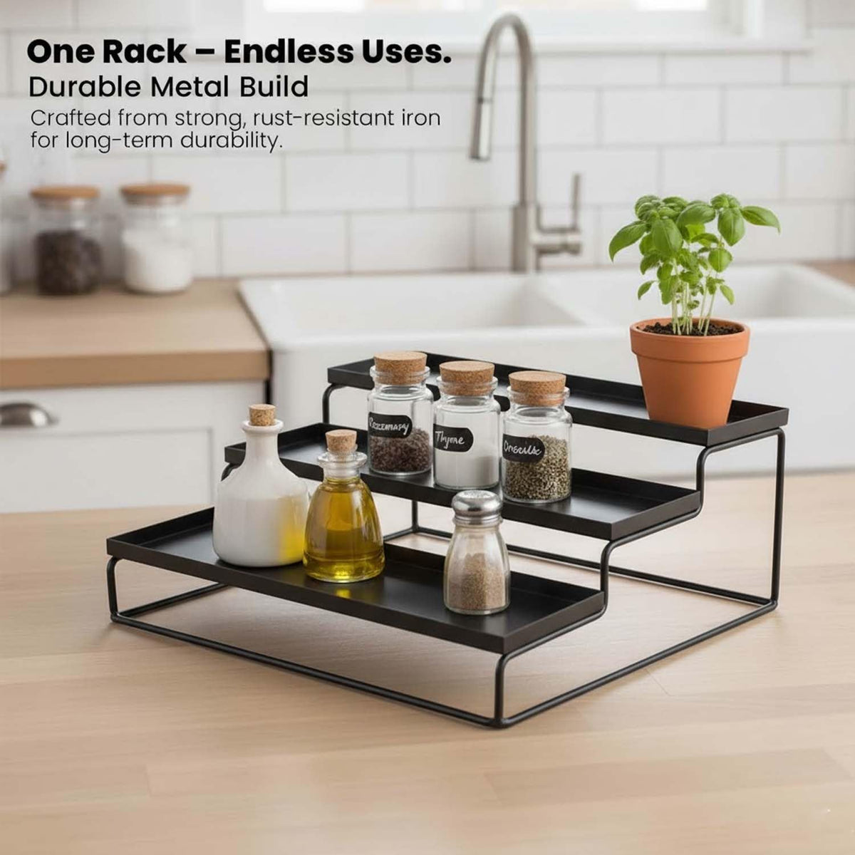 Image 4 of Go Hooked 3-Tier Metal Countertop Spice Rack For Kitchen Pack of 2 | Multi Purpose Storage Organiser | Tiered Shelf For Spice Bottles, Masala Jars, Pantry, Cabinet, Bathroom & Vanity Storage (Black)