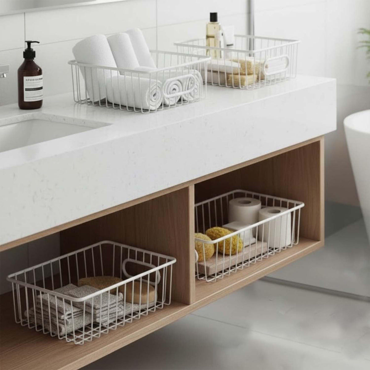 Image 6 of Go Hooked Bianco Multipurpose 10" Metal Bathroom Storage Organizer Basket Bin-Modern Wire Grid Design-For Organization In Cabinets,On Countertops (Pack Of 3,White),Rectangular
