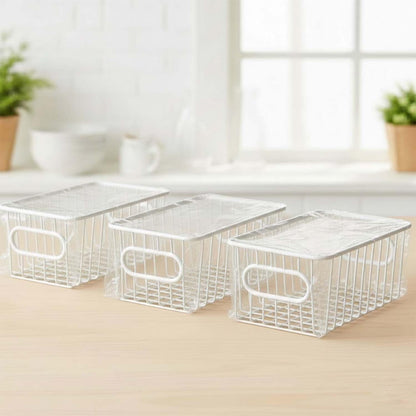 Image 2 of Go Hooked Bianco Multipurpose 10" Metal Bathroom Storage Organizer Basket Bin-Modern Wire Grid Design-For Organization In Cabinets,On Countertops (Pack Of 3,White),Rectangular