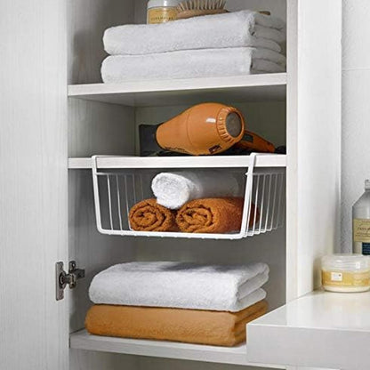 Image 7 of Go Hooked 12 Inch Undershelf Storage Basket Pack of 2 | Multipurpose Under Shelf Organizer | Hanging Wire Basket for Cabinet, Shelf, Pantry, Cupboard, Closet, Desk, and Bathroom (White)