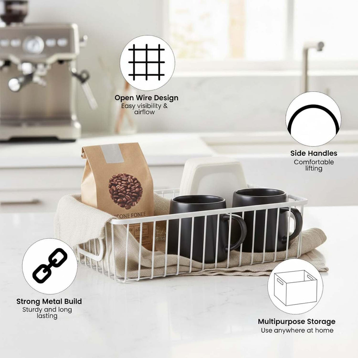 Image 3 of Go Hooked Bianco Multipurpose 10" Metal Bathroom Storage Organizer Basket Bin-Modern Wire Grid Design-For Organization In Cabinets,On Countertops (Pack Of 3,White),Rectangular