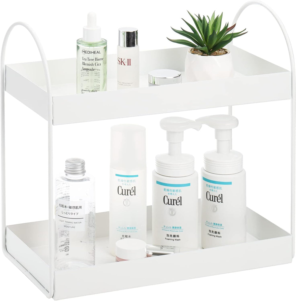 Image 2 of Go Hooked 2-Tier Standing Rack Bathroom Countertop Organizer Vanity Tray Cosmetic Makeup Storage Kitchen Spice Rack Standing Shelf (White, Metal, Pack of 1)