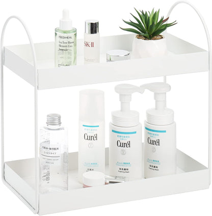 Image 2 of Go Hooked 2-Tier Standing Rack Bathroom Countertop Organizer Vanity Tray Cosmetic Makeup Storage Kitchen Spice Rack Standing Shelf (White, Metal, Pack of 1)