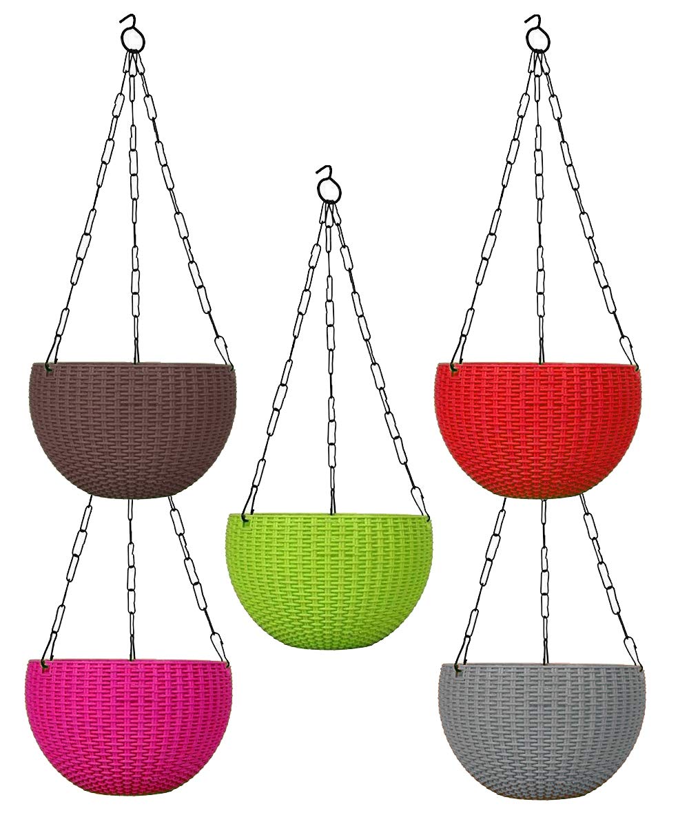 Image 2 of Default Title for the product Go Hooked 7.1" Plastic Rattan Hanging Basket/Hanging Pots with Metal Hanging Chain/Multicolored Hanging Planters- Set of 5 (Flowers Not Included)