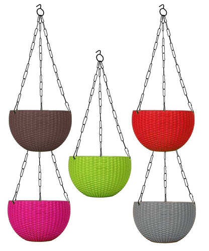Image 2 of Default Title for the product Go Hooked 7.1" Plastic Rattan Hanging Basket/Hanging Pots with Metal Hanging Chain/Multicolored Hanging Planters- Set of 5 (Flowers Not Included)