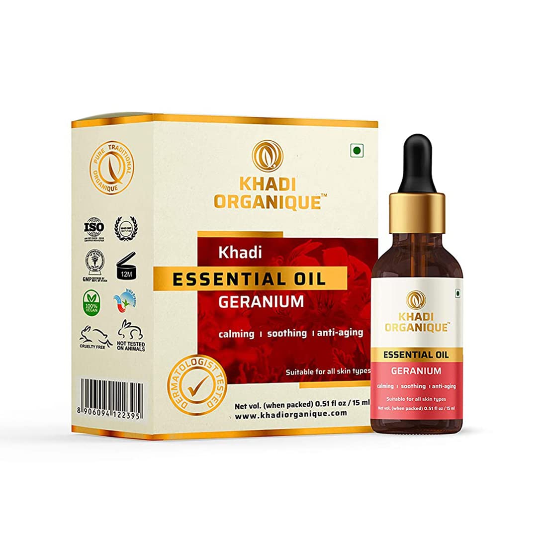 Image 1 of 15 ml for the product Khadi Organique Pure Geranium Essential Oil for Massage, Relaxation & Aromatherapy