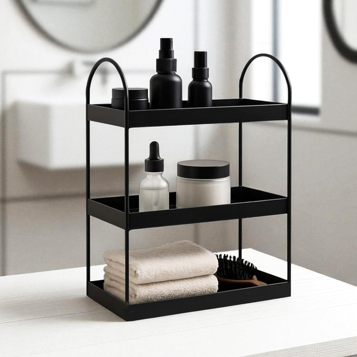 Image 1 of Go Hooked 3 Tier Curved Metal Vanity Organizer – 45cm Tall Countertop Storage Rack for Bathroom, Dressing Table & Desk | Powder Coated Rust-Resist Iron | Freestanding Space-Saving Shelf (Black)