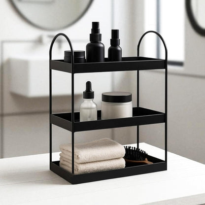Image 1 of Go Hooked 3 Tier Curved Metal Vanity Organizer – 45cm Tall Countertop Storage Rack for Bathroom, Dressing Table & Desk | Powder Coated Rust-Resist Iron | Freestanding Space-Saving Shelf (Black)
