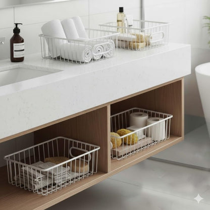 Image 3 of Go Hooked Bianco Multipurpose 10 Inch Metal Bathroom Storage Organizer Basket Bin Modern Wire Grid Design for Organization in Cabinets on Countertops Bedroom Kitchen Bathroom Garage Pack of 1 White