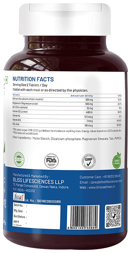 Image 3 of Bliss Welness Joint Health Calcium + Zinc Megnesium + D3 + K2 Veg Tablet