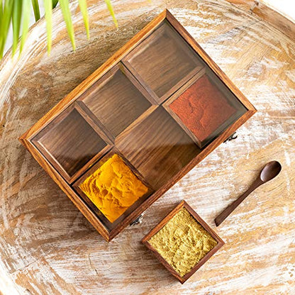 Image 1 of Default Title for the product ExclusiveLane Masalas Blends Sheesham Wooden Spice Box with Spoon 6 Large Detachable Containers 120 gram Each