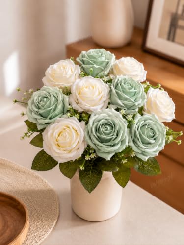 Image 4 of Divyakosh Artificial Rose Flower Bouquet 10 Rose (5 Sage Green + 5 Ivory White Roses) with Green Leaves | Faux Flowers for Home Decor, Living Room, Office, Bedroom| Vase Not Included