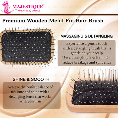 Image 3 of Majestique Wood Hair Brush - Eco Friendly Paddle Hairbrush, Bamboo Brush with Pin Bristles