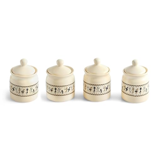 Image 2 of ExclusiveLane Warli Tales Handcrafted Ceramic Pickle Jar With Wooden Tray (Set of 4, 230 ML)