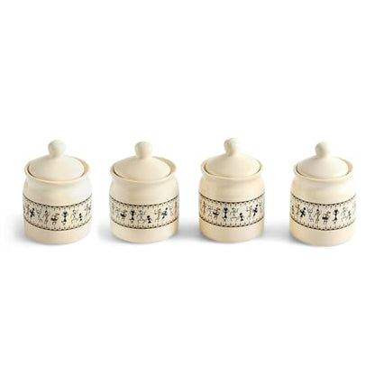Image 2 of ExclusiveLane Warli Tales Handcrafted Ceramic Pickle Jar With Wooden Tray (Set of 4, 230 ML)