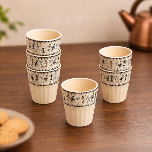 Image 1 of Default Title for the product ExclusiveLane Whispers of Warli Handcrafted Ceramic Tea Glass Set of 6 160 ML