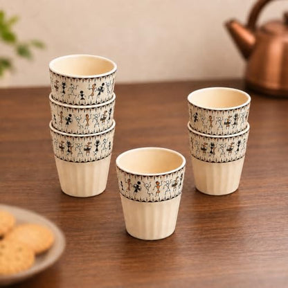 Image 1 of Default Title for the product ExclusiveLane Whispers of Warli Handcrafted Ceramic Tea Glass Set of 6 160 ML
