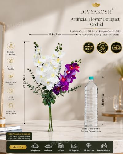 Image 6 of Divyakosh Artificial Flower Bunch with Vase, Orchid Flower Stick Arrangement Luxury Home Decor Bouquet with Vase