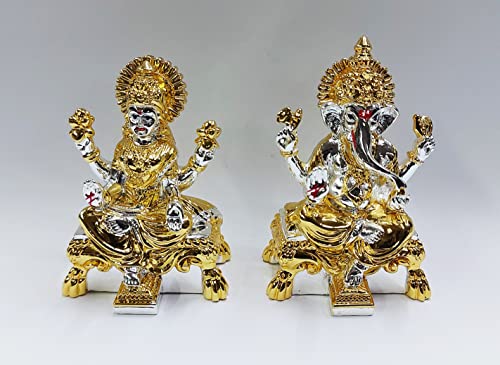 Image 1 of Default Title for the product Gold Art India Peeth Laxmi Ganesha Gold & Silver Plated Two Tone Idol for Home with Gold Plated Coin Laxmi Ganesh Idol for Diwali Pooja Laxmi Ganesh Murti for Gift, Laxmi Ganesh Idol Set, (2.75" Inch)