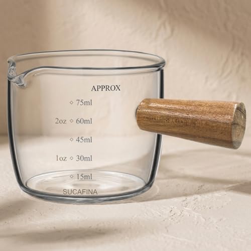 Image 1 of 1 PCS for the product Supvox Espresso Measuring Cup 75ml Glass with Wooden Handle Pour Spout