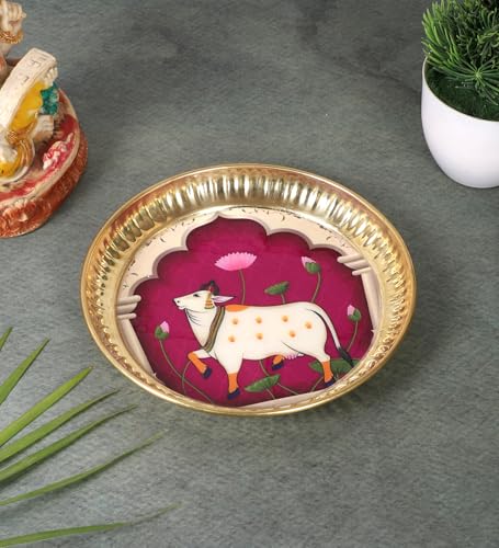 Image 1 of Default Title for the product Two Moustaches 6 Inches Kamdhenu Cow Design Brass Pooja Thali, Multicolored, Pack Of 1