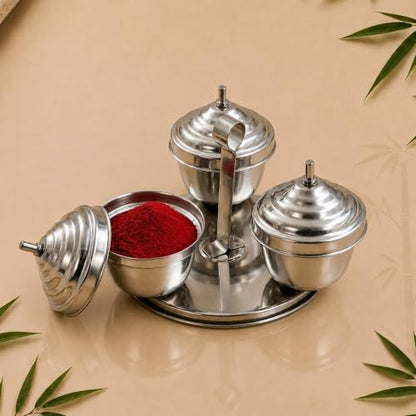 Image 1 of Default Title for the product Spillbox Traditional Handcrafted Stainless Steel Kumkum Holder 3 IN 1 Chomuka