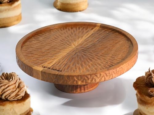 Image 6 of Vesta Homes Large Round Acacia Wooden Cake Stand, Pizza Stand & Charcuterie Board | Diameter - 12 inch, Height - 4 inch