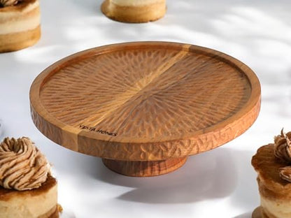Image 6 of Vesta Homes Large Round Acacia Wooden Cake Stand, Pizza Stand & Charcuterie Board | Diameter - 12 inch, Height - 4 inch