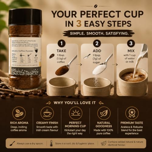 Image 6 of EVORA Greens 100gm Instant Coffee Powder | Irish Cream Flavour | Coffee with Arabica & Robusta Blend - Medium Roast | Make 50 Cups