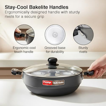 Image 5 of Prestige Hard Anodised Multi Kadhai | 28 cm | Black | Induction Base | Multi-Purpose Accesories - Idli Stand, Dhokla Stand and Steamer | Round Bottom | Durable Handles