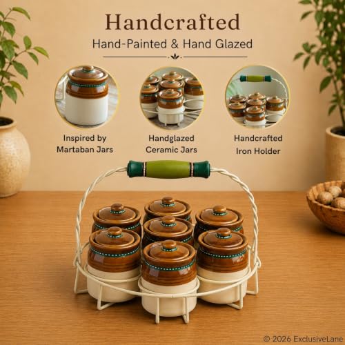 Image 2 of ExclusiveLane Old Martaban Ceramic Pickle Jars with Holder Set of 7, 120 gram, 8.9 cm Mini Jars