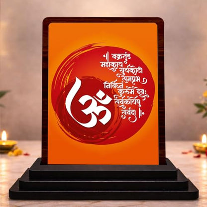Image 1 of Default Title for the product Om Symbol Small Wooden Idol 4x5 Inch Golden Glow HD Printed Home Decor