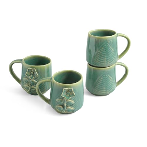 Image 2 of ExclusiveLane Sage Serenity Hand-Embossed Ceramic Coffee Mug Set of 4 330 ML
